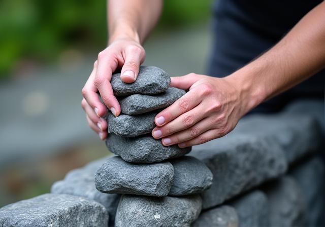 熟練の職人による石積みの施工風景
