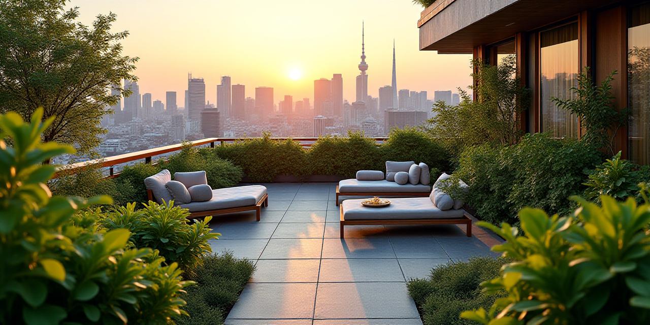 都会の屋上庭園の鳥瞰図